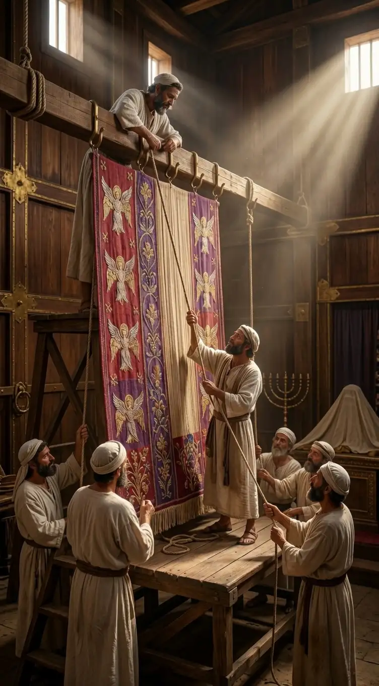 Men hanging new curtain in tabernacle. 