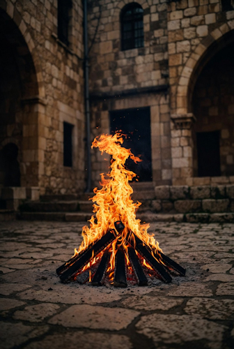 charcoal fire in the courtyard