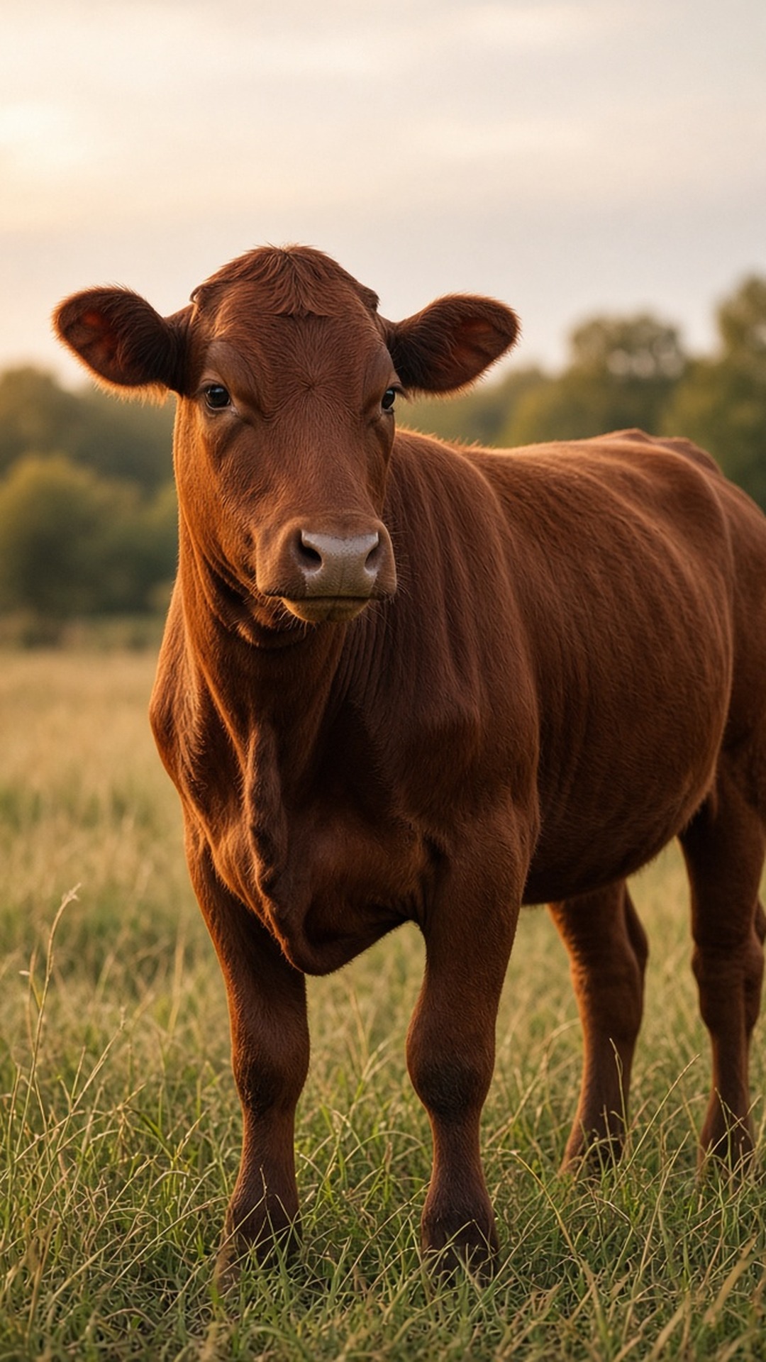 A red heifer standing in open land