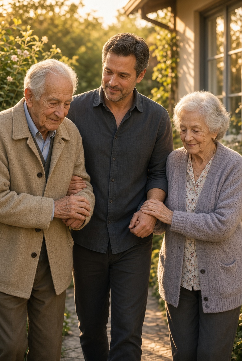 A son supporting his aging parents