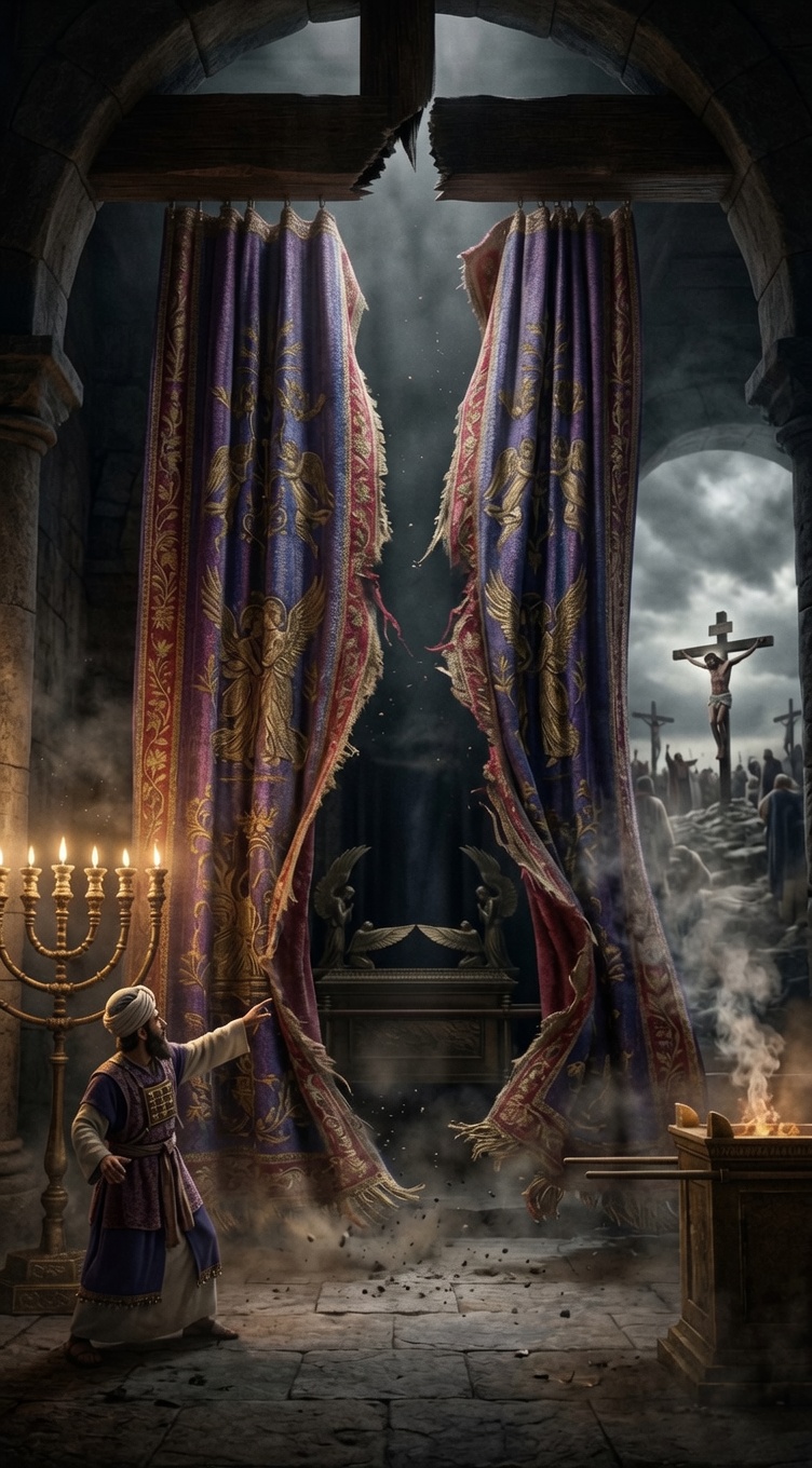 Torn veil in the temple