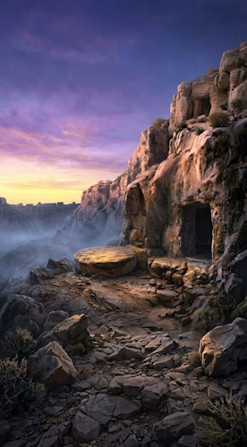 Empty tomb with rolled stone